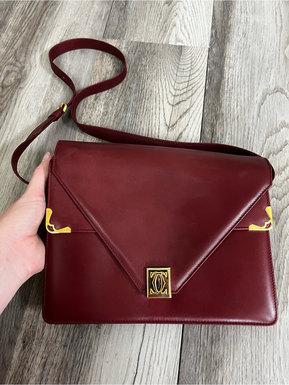 Cartier Burgundy Leather Shoulder Bag with Gold Hardware